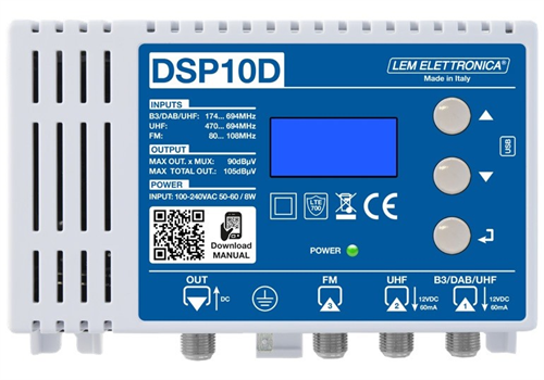 Lem DSP10-D program. zesilovač FM/DAB+UHF/UHF, zisk 60dB/90dBuV, LTE 5G, tlačítk