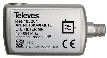 Televes 403201 LTE filtr 4G+5G (LTE 700 MHz), průchozí napájení, vnitřní