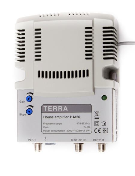 Terra HA126 R65 trasový zesilovač pas. 5-65MHz, 87-862MHz, zisk 34/101dB, 230V