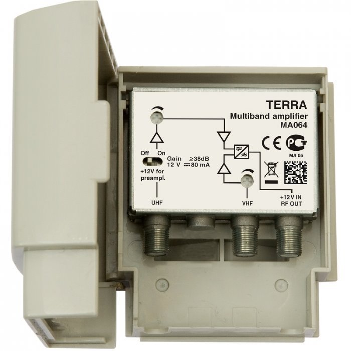 Terra MX064 zesilovač FM+DAB/1xUHF, zisk 38dB, LTE 4G, 12V, venkovní